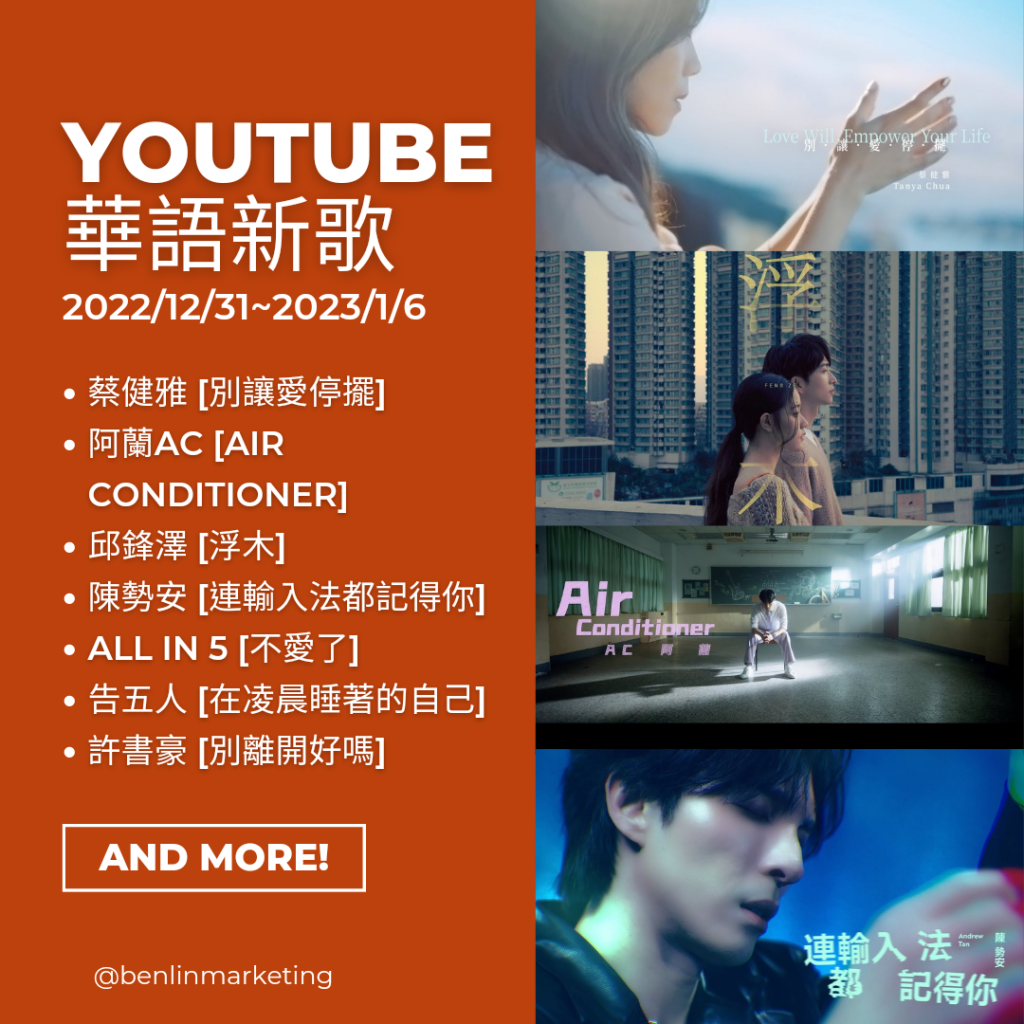 Youtube華語新歌2022/12/31~2023/1/6